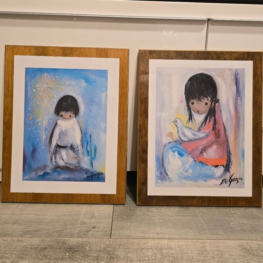 Vintage De Grazia Set of 2 Laminated Plaques Prints The White Dove and Blue Boy